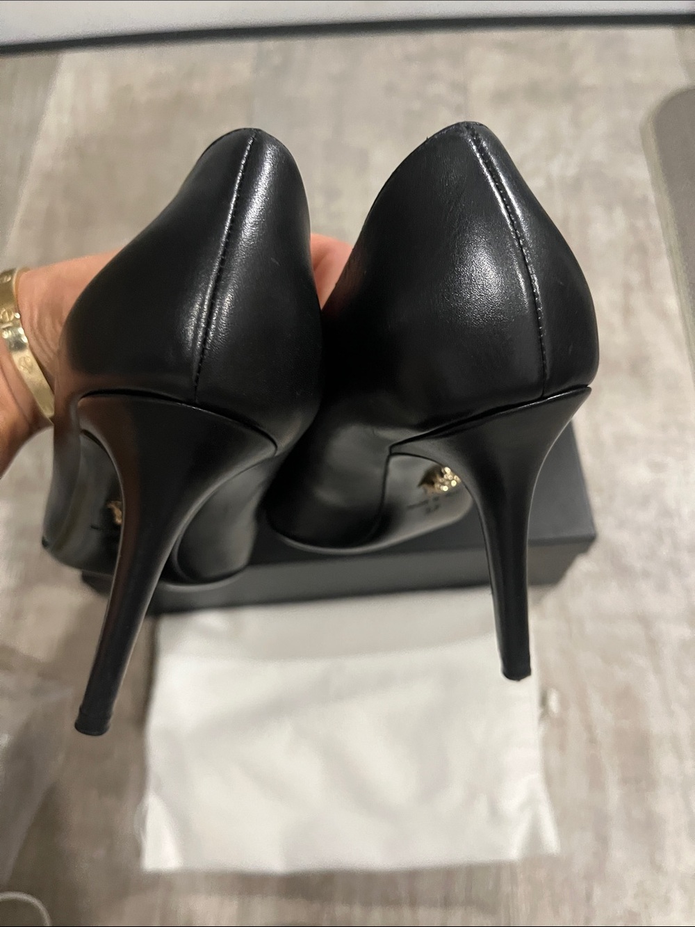 Versace Black Leather Pointed-Toe Stiletto Heels with Gold Medusa Hardware - Picture 6 of 7